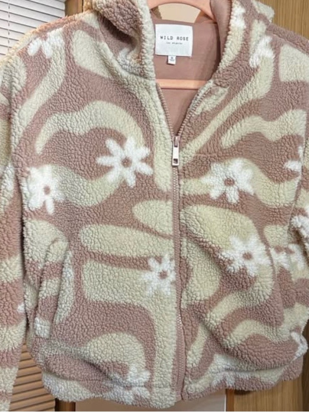 Wild Rose Taupe & Cream Sherpa Zip Jacket with Floral Pattern